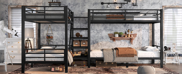 English Elm Twin L-shaped Steel Bunk Bed with Built-in Shelving and Full Guardrails Matte Black W1580S00439