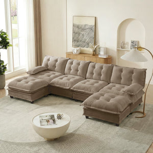 English Elm 138" U-shaped Chenille Cloud Sectional with Ottomans Deep Seat Modular Living Room Sofa Light Coffee W714S01716