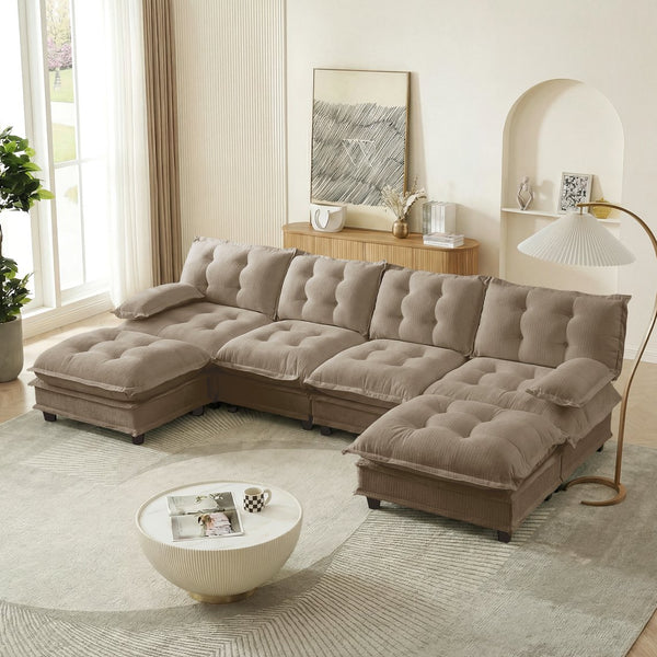 English Elm 138" U-shaped Chenille Cloud Sectional with Ottomans Deep Seat Modular Living Room Sofa Light Coffee W714S01716