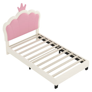 English Elm Twin Platform Bed Upholstered Crown Headboard Storybook Style for Girls Bedroom Cream N733P180807K