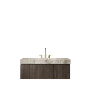 English Elm Muri Floating Bathroom Vanity Plywood Cabinet Sintered Stone Top Espresso Woodgrain W2615S00597