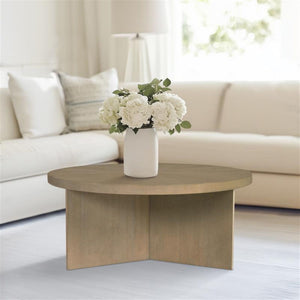 JLA Home Martha Stewart - Round reclaimed greige wood coffee table with starburst veneer top, modern minimalist centerpiece MT120-0180