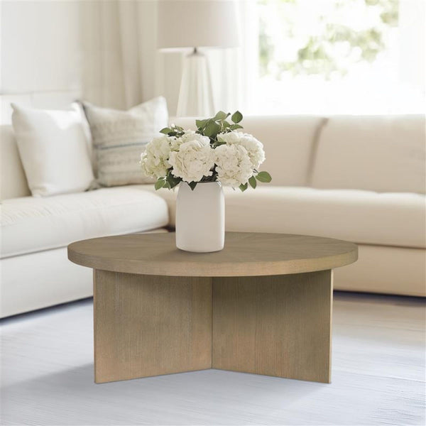 JLA Home Martha Stewart - Round reclaimed greige wood coffee table with starburst veneer top, modern minimalist centerpiece MT120-0180