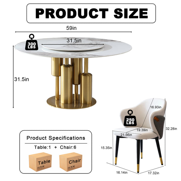 English Elm 59" Round Sintered Stone Dining Table with Lazy Susan Seats 6 Modern Faux Marble W2699S00095