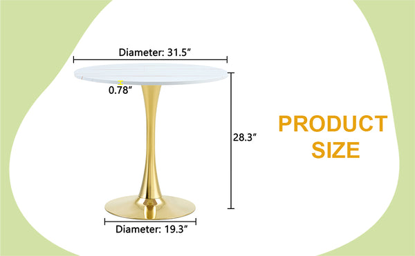 English Elm Round Faux Marble Tulip Pedestal Dining Table Mid Century Modern for Small Bistro Spaces Gold+White W2920P400992