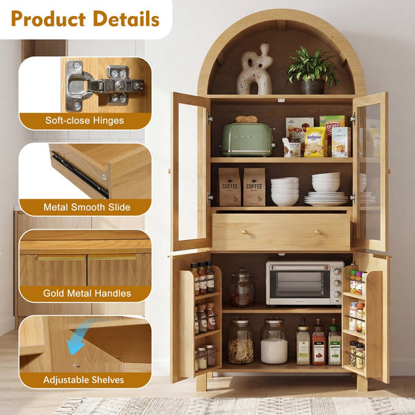 English Elm 71" Arched Glass Barn Door Pantry Cabinet Farmhouse Mdf Storage for Kitchen Dining Oak W2917S00015