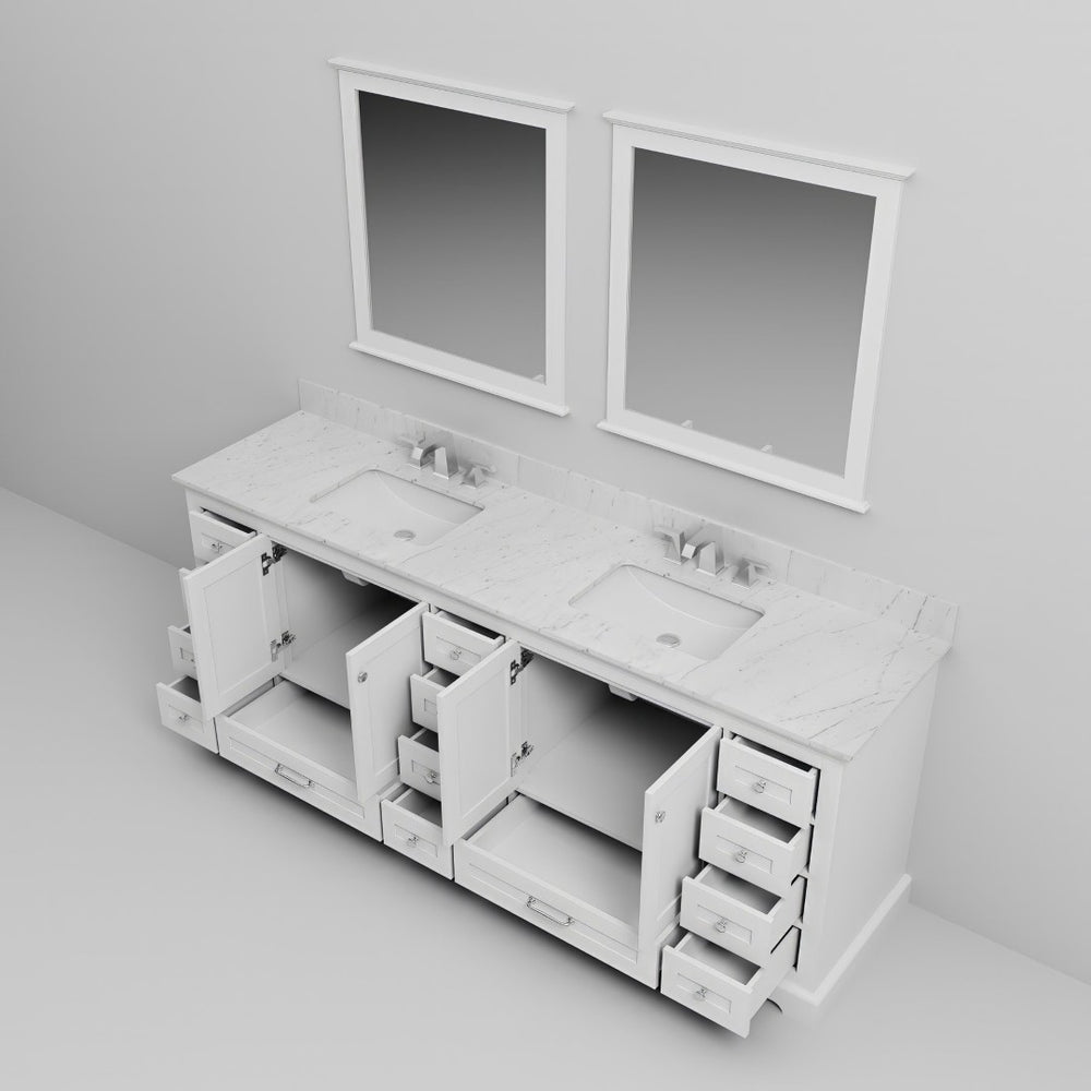 English Elm White Double Bath Vanity With Carrara Marble Top, Chrome Faucets & 34" Mirrors – Elegant Storage Solution B2731S01037-GIGA