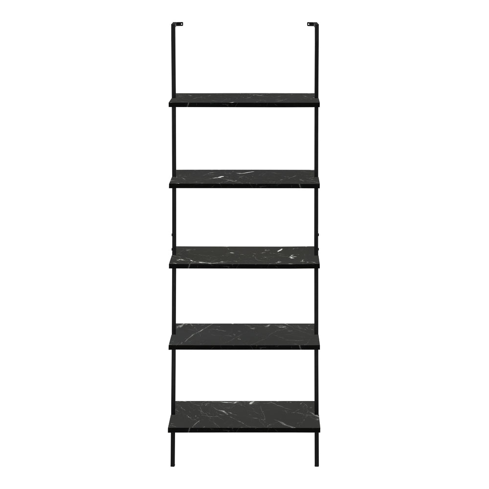 English Elm Bookshelf, 5-Tier Ladder Design With Black Marble-Look Shelves & Metal Frame For Modern Spaces B2710P219406