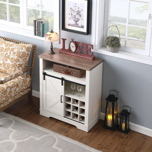 English Elm Farmhouse Sliding Barn Door Wine Cabinet with Thick Top, Rustic Oak & Antique White Finish, Space-Saving Storage W3151P264504
