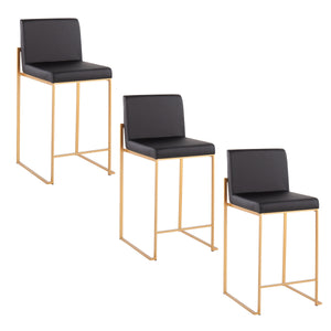 English Elm Fuji 26" High Back Counter Stool Set Of 3 - Luxurious Black Faux Leather & Gold Steel Frame Design B202P221971