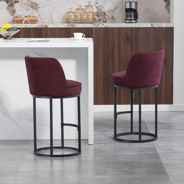 English Elm Counter Height Barstools Set of 2 Linen Upholstered Barrel Seat with Iron Legs Wine Red W395P410434