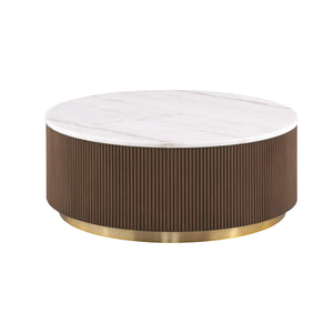 English Elm Brown Fluted Plinth Base Round Marble Top Cocktail Table with Gold Steel Accents B2741P476070