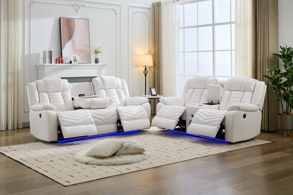 English Elm Ms Two Piece Manual Reclining Sofa Set Faux Leather Led Ambient Living Room White W1805S00178