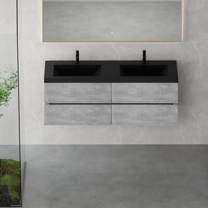 English Elm 60'' Floating Wall Mount Vanity Dual Quartz Basins Smoked Walnut Fluted Cabinet W1920P385533