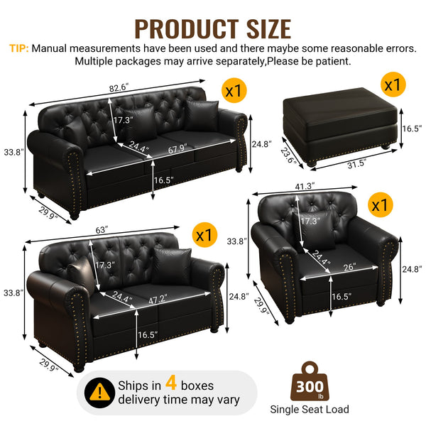 English Elm Upholstered Faux Leather Chesterfield Sofa Button Tufted with Nailhead and Six Pillows Black W1885S00432