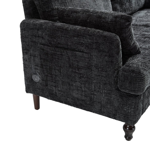English Elm Modern chenille 2-seater sofa with LED, USB charging, storage pocket, solid wood legs, durable comfort Black W395P318548