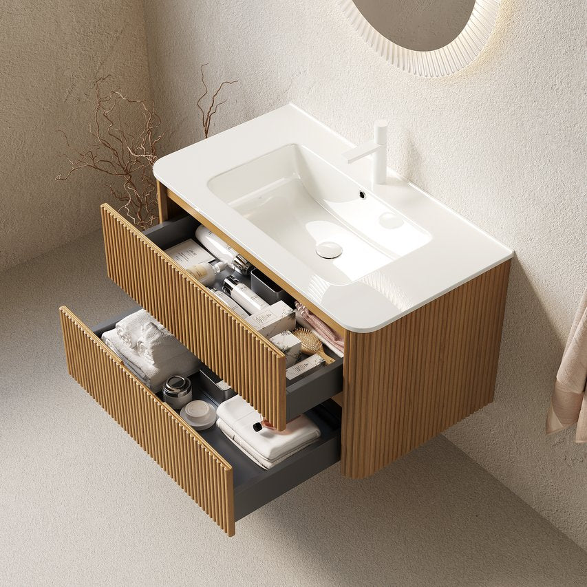 English Elm Noor Floating Bathroom Vanity Oak Veneer Plywood Cabinet Soft Close Drawers W2615P412225
