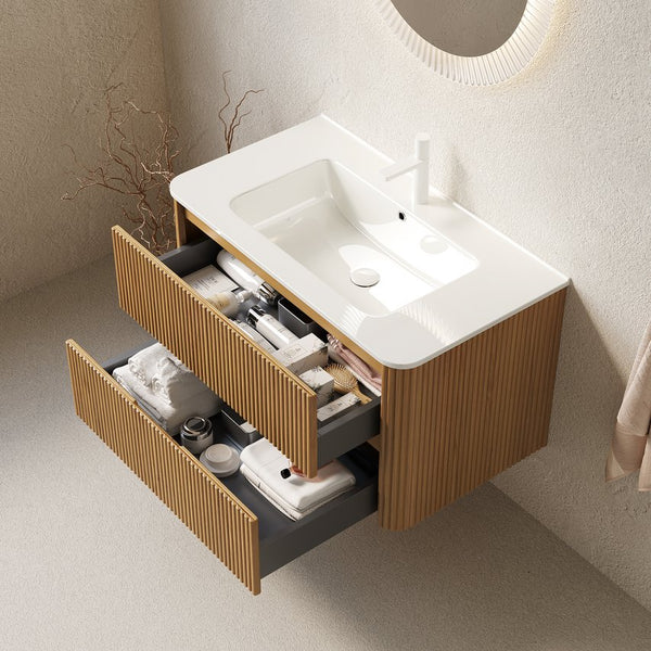 English Elm Noor Floating Bathroom Vanity Oak Veneer Plywood Cabinet Soft Close Drawers W2615P412225