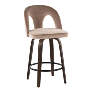 English Elm Fixed-height Swivel Counterstools Velvet Seat Walnut Bentwood Legs Set of Two B202S01794