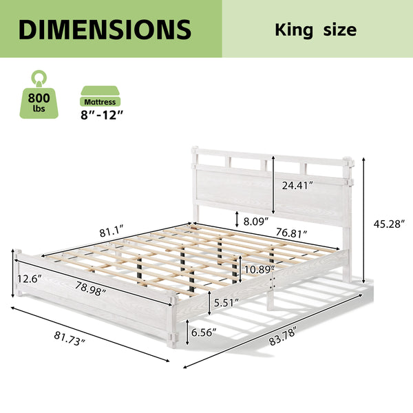 English Elm Queen Farmhouse Platform Bed Antique White Wood Grain Two-tiered Headboard Solid Frame N758P369328W