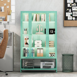 English Elm 67.25'' Tall Steel Curio Cabinet with Led Lighting and Tempered Glass Panels Cyan SN845P263995T
