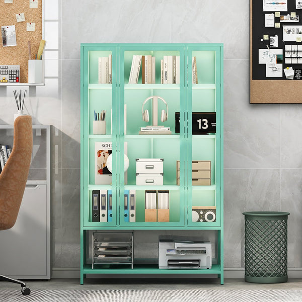 English Elm 67.25'' Tall Steel Curio Cabinet with Led Lighting and Tempered Glass Panels Cyan SN845P263995T