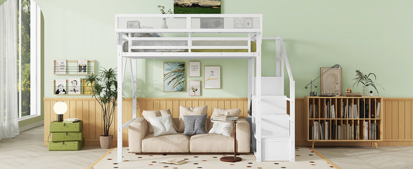English Elm Full Size Loft Bed With Stairs & Shelves - Stylish Metal High Loft Bed For Kids & Teens, White Finish W2580S00032