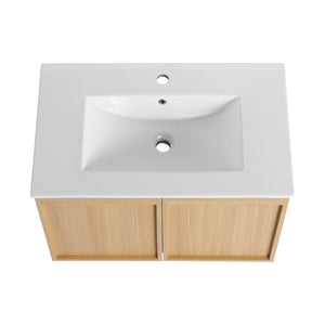 English Elm 30" Floating Bathroom Vanity Dark Oak Cabinet Ceramic Sink Open Shelf Soft Close Glossy White,Light Oak W3450P435844