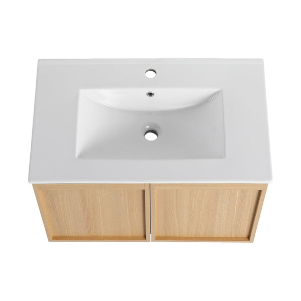 English Elm 30" Floating Bathroom Vanity Dark Oak Cabinet Ceramic Sink Open Shelf Soft Close Glossy White,Light Oak W3450P435844