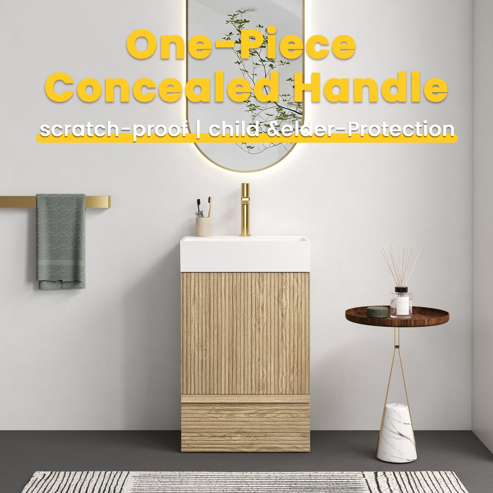 English Elm Gada Fluted Sage Freestanding Bathroom Vanity with Brushed Brass Vessel Sink Cabinet Light Oak W1865S00216