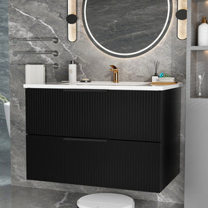 English Elm 36 Floating Bathroom Vanity with Ceramic Sink, Wall-Mounted 36" Modern Fluted Cabinet with Quiet Drawers Matte Black 38.18 L x 22.83 W x 7.48 H W3520S00003