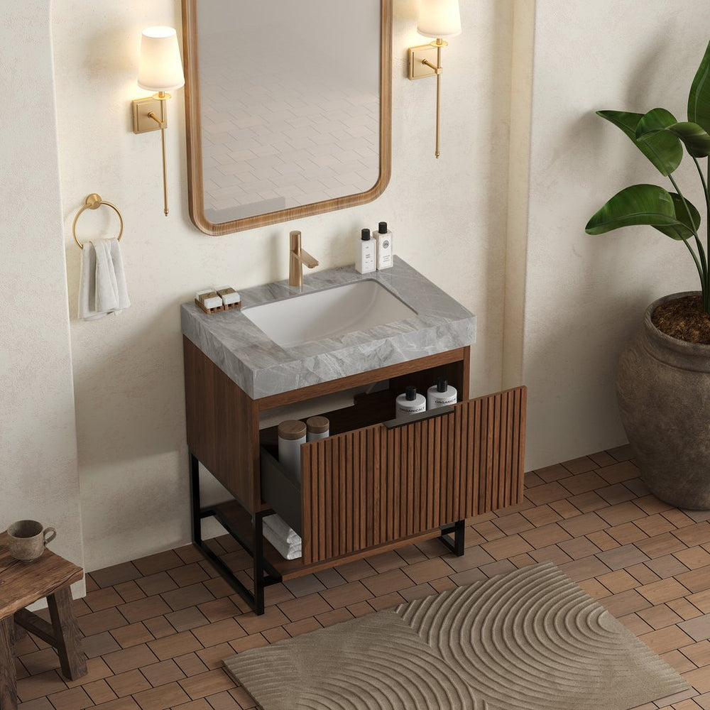 English Elm Yolan 30 Inch Freestanding Bathroom Vanity Plywood Cabinet Sintered Stone Top Oak Finish Black,Dark Walnut,Light Gray,White W2615S00372