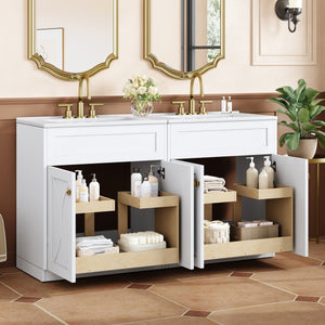 English Elm 60'' Bathroom Vanity Set With Glossy Ceramic Sink, Modern Cabinet, Gold Handles & Soft-Close Doors N710SS00005K