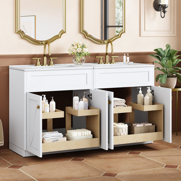 English Elm 60'' Bathroom Vanity Set With Glossy Ceramic Sink, Modern Cabinet, Gold Handles & Soft-Close Doors N710SS00005K