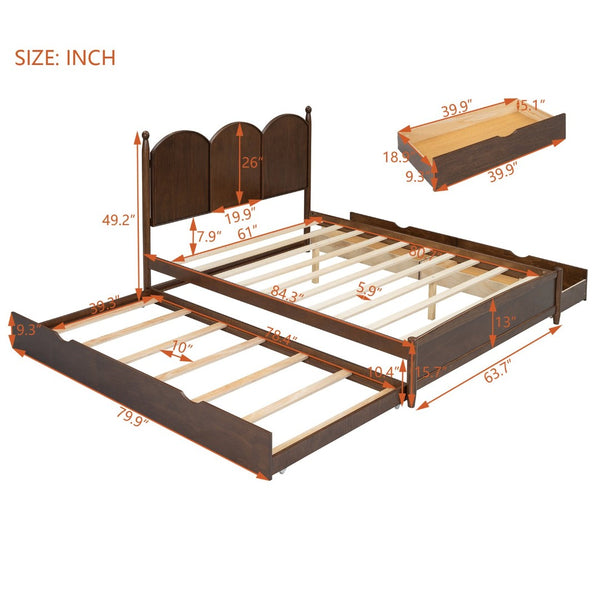 English Elm Queen Size Platform Bed With Twin Xl Trundle & 2 Spacious Drawers - Elegant Walnut Design Upgrade N820S00025D-GIGA