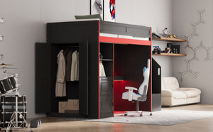 English Elm Gaming Twin Loft Bed with Led Desk Storage Locker and Bold Black Red Finish N709P004102J