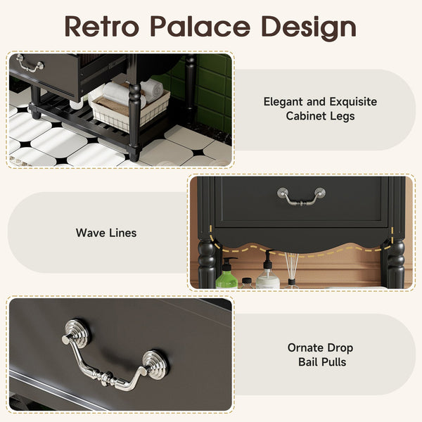 English Elm 24'' Vintage Bathroom Vanity with Ceramic Sink Soft Close Drawers Open Shelf Black N710P411237B