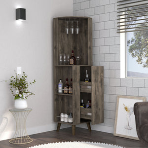English Elm Corner Corner Bar Cabinet Dark Brown Engineered Wood w/ Cup Rack, Drawer & 4 Shelves for Entertaining B097S00089