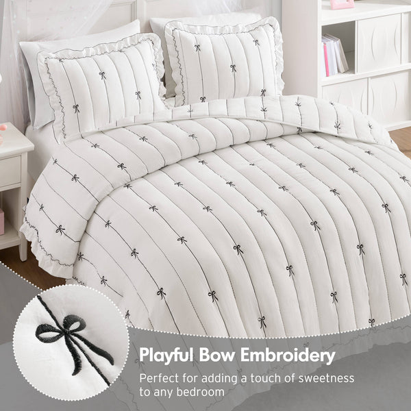 English Elm 3-piece Reversible Microfiber Quilt Set Bow Embroidery Ruffled Trim Romantic Bedroom White+Black B035P482885