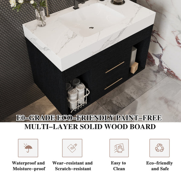 English Elm 29.9" Floating Bathroom Vanity Sintered Stone Top Soft Close Drawers Bronze Gold Hardware W3136S00038