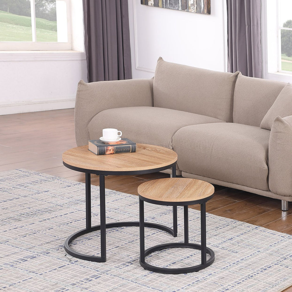 English Elm 24" Round Nesting Coffee Tables Natural Oak Mdf Top Metal Frame Modern Industrial Set W3151P412658