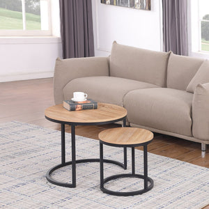 English Elm 24" Round Nesting Coffee Tables Natural Oak Mdf Top Metal Frame Modern Industrial Set W3151P412658
