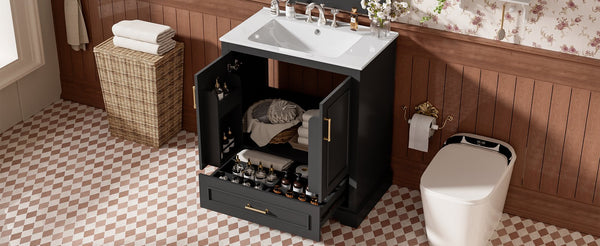 English Elm 30" Freestanding Bathroom Vanity Matte Black Solid Wood Ceramic Sink Soft Close N729P321376B