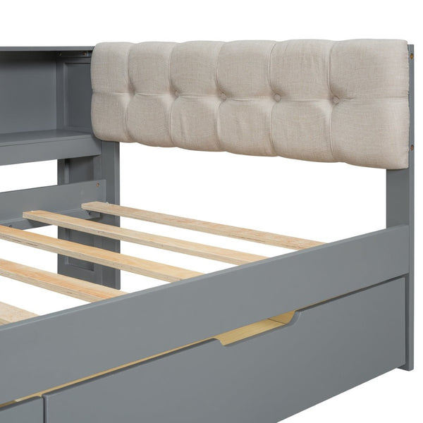 English Elm Wood Twin Size Platform Bed With Storage, Charging Station & Upholstered Headboard - Gray Design GX002107AAE-1-GIGA