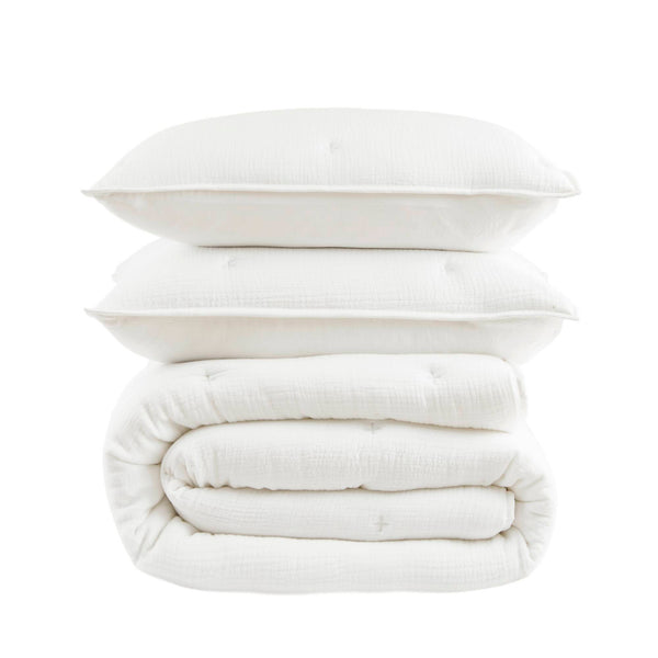 English Elm 3-piece King Cotton Muslin Quilt Set Crinkle Texture Embroidered Farmhouse Bedding B035P408348
