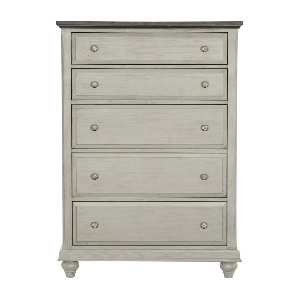English Elm Classic Farmhouse Five Drawer Chest with Gray Body Dark Brown Top and Pewter Knobs B011P199396