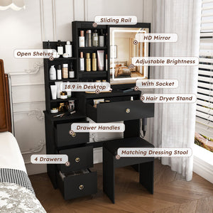 English Elm Modern Vanity Desk with Led Lighting Four Drawers Glossy Mdf and Dressing Chair W509P465829