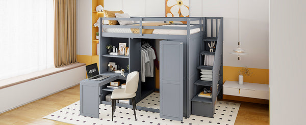 English Elm Full Size Loft Bed with Built-in Desk Wardrobe and Shelves for Teen Bedroom LT100679AEE