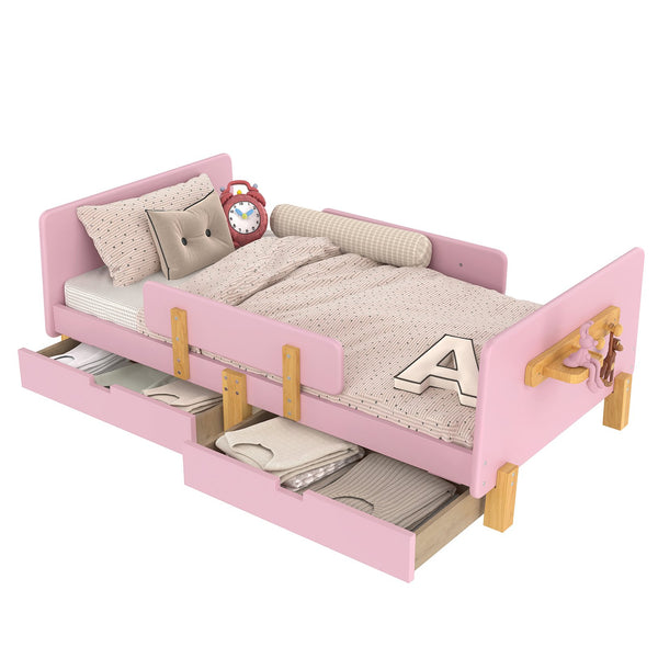 English Elm Twin Low Profile Kids Floor Bed Pine Wood Frame with Safety Rail and Built in Bookshelf W1580P373242