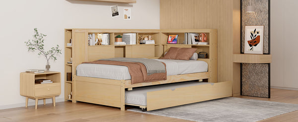 English Elm Twin Daybed with Built-In Shelves, USB Port & Trundle — Solid Pine Frame, Sturdy Storage and Smooth Wheels for Space-Saving Sleep Solutions Natural GX000467AAN